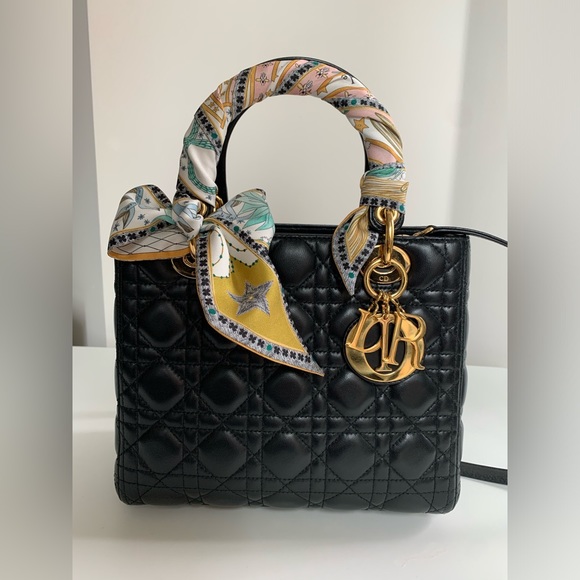 *SOLD* DIOR Medium Lady Dior Bag - Black Cannage Lambskin with Mitzah scarf - Picture 1 of 2